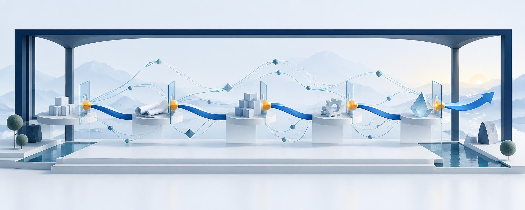 An illustrated project journey: five stages and decision gates sit within a governance frame, with branching paths representing uncertainty and options.